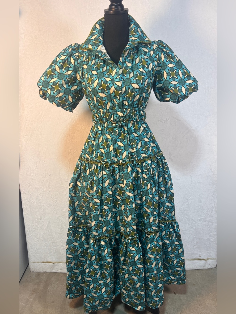 Brooks Ave Banyan Street Puff Sleeve Midi Dress Poppy Teal Olive Size Small